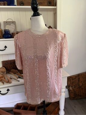 Vintage Embellished Pink Sequin and beaded Short-Sleeve Women's Top